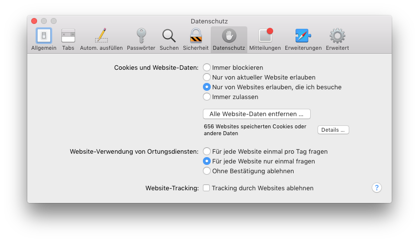 Datenschutz-Einstellungen im Safari Browser
